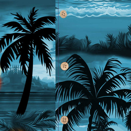 Blaues Herren Hemd mit Strand und Palmen, Detailaufnahme 10