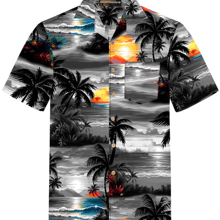 Graues Herren Hawaiihemd mit Strand und Palmen, Vorderseite
