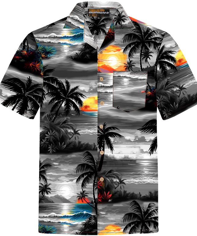 Graues Herren Hawaiihemd mit Strand und Palmen, Vorderseite