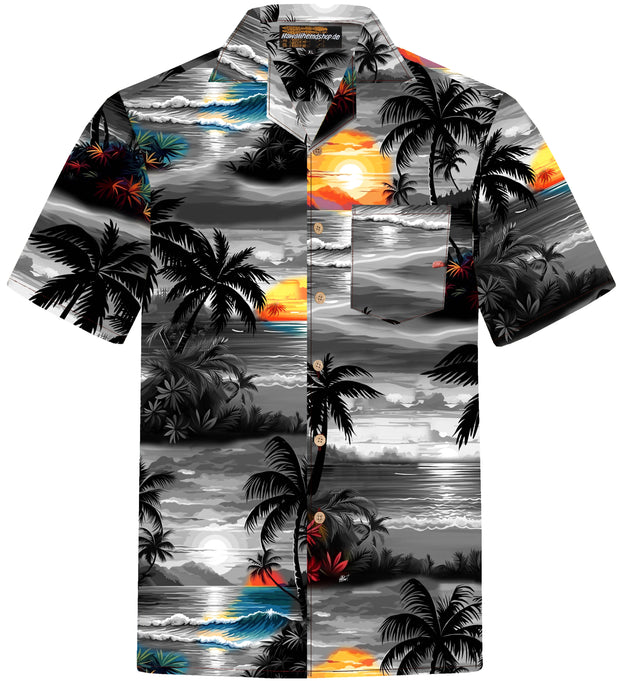 Graues Herren Hawaiihemd mit Strand und Palmen, Vorderseite