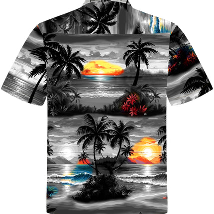 Graues Herren Hawaiihemd mit Strand und Palmen, Rückseite