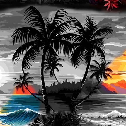 Graues Herren Hawaiihemd mit Strand und Palmen, Detailfoto 03