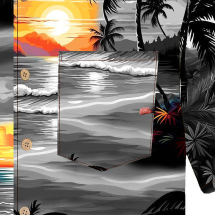 Graues Herren Hawaiihemd mit Strand und Palmen, Detailfoto 08