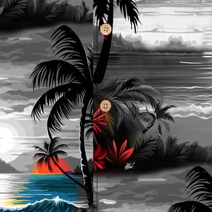 Graues Herren Hawaiihemd mit Strand und Palmen, Detailfoto 09