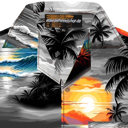 Graues Herren Hawaiihemd mit Strand und Palmen, Detailfoto 10