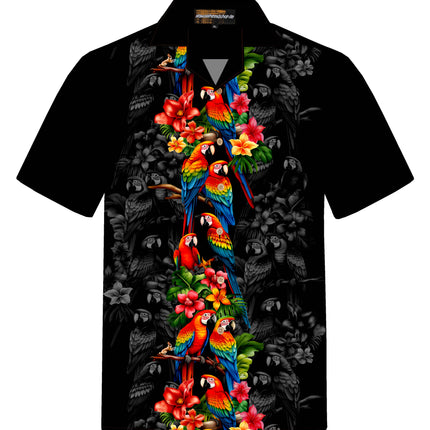Schwarzes Herren Hawaiihemd mit bunten Papageien, Vorderansicht