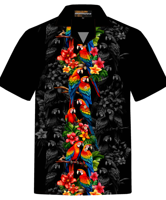 Schwarzes Herren Hawaiihemd mit bunten Papageien, Vorderansicht