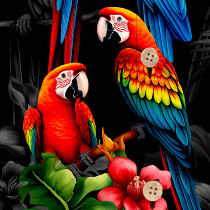 Schwarzes Herren Hawaiihemd mit bunten Papageien, Detail 03