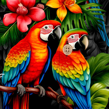 Schwarzes Herren Hawaiihemd mit bunten Papageien, Detail 05