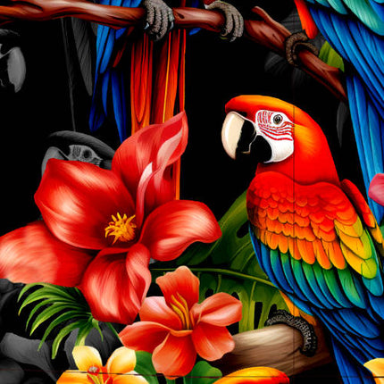 Schwarzes Herren Hawaiihemd mit bunten Papageien, Detail 06