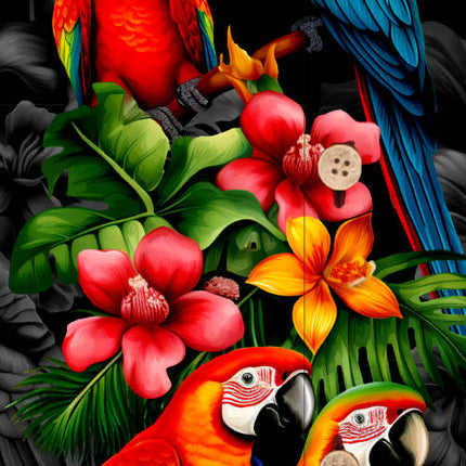 Schwarzes Herren Hawaiihemd mit bunten Papageien, Detail 07