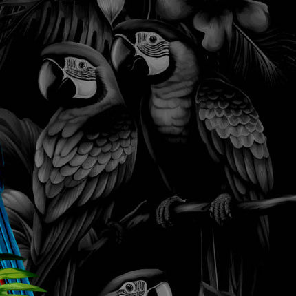 Schwarzes Herren Hawaiihemd mit bunten Papageien, Detail 08