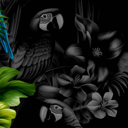 Schwarzes Herren Hawaiihemd mit bunten Papageien, Detail 09