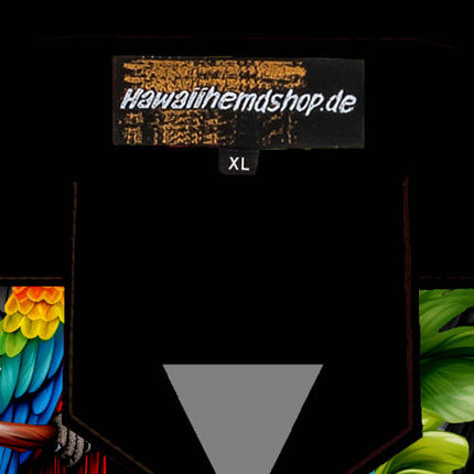 Schwarzes Herren Hawaiihemd mit bunten Papageien, Detail 10