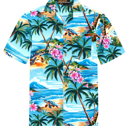 Türkises Herren Hawaiihemd mit Palmen und Schildkröten, Vorderansicht