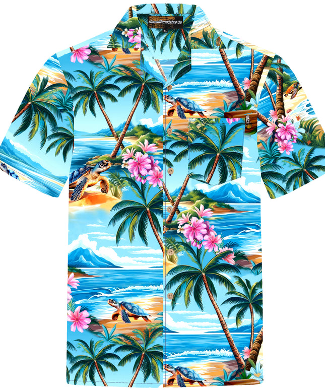 Türkises Herren Hawaiihemd mit Palmen und Schildkröten, Vorderansicht