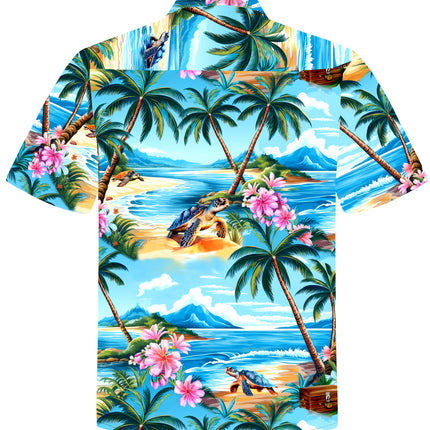 Türkises Herren Hawaiihemd mit Palmen und Schildkröten, Rückansicht