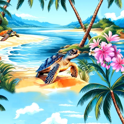 Türkises Herren Hawaiihemd mit Palmen und Schildkröten, Detail 03