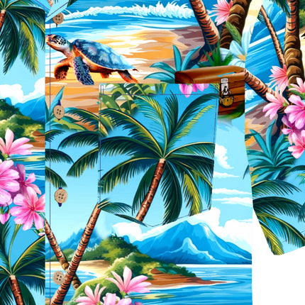 Türkises Herren Hawaiihemd mit Palmen und Schildkröten, Detail 10