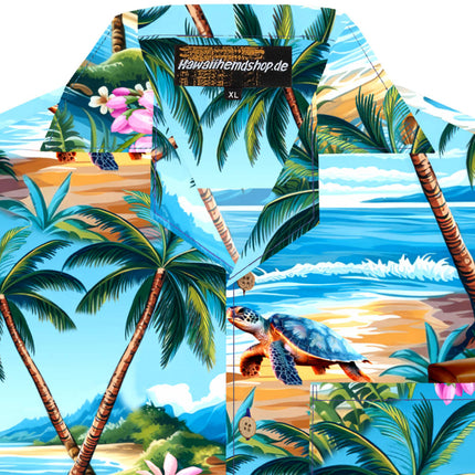 Türkises Herren Hawaiihemd mit Palmen und Schildkröten, Detail 11