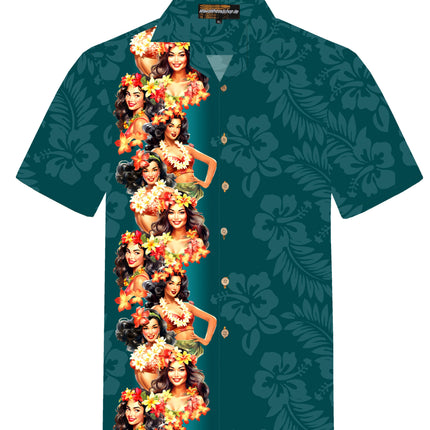 Grünes Herren Hawaiihemd mit Aloha Girls und Hibiskus-Blumen, Vorderseite