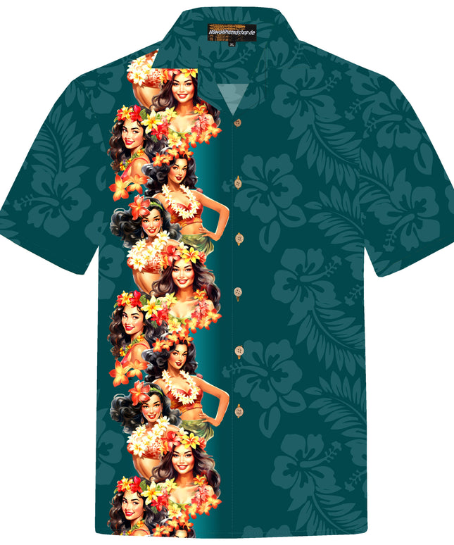 Grünes Herren Hawaiihemd mit Aloha Girls und Hibiskus-Blumen, Vorderseite