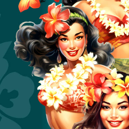 Grünes Herren Hawaiihemd mit Aloha Girls und Hibiskus-Blumen, Detail 05