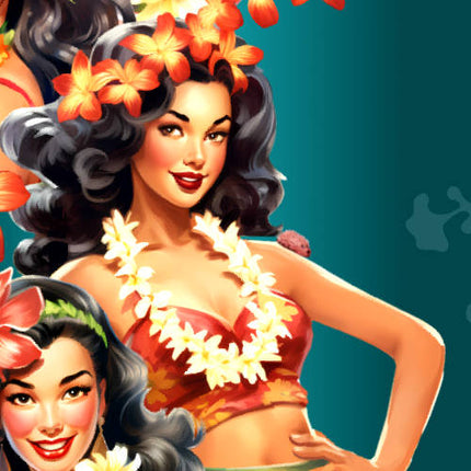 Grünes Herren Hawaiihemd mit Aloha Girls und Hibiskus-Blumen, Detail 06