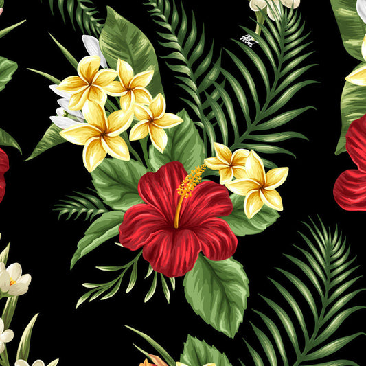 Herren Hawaiihemd 'Colourful Flowers' mit tropischem Blumenmuster in Rot, Gelb und Grün auf schwarzem Hintergrund. Perfekt für Männer, aus 100% Baumwolle, erhältlich in Größen S bis 8XL.